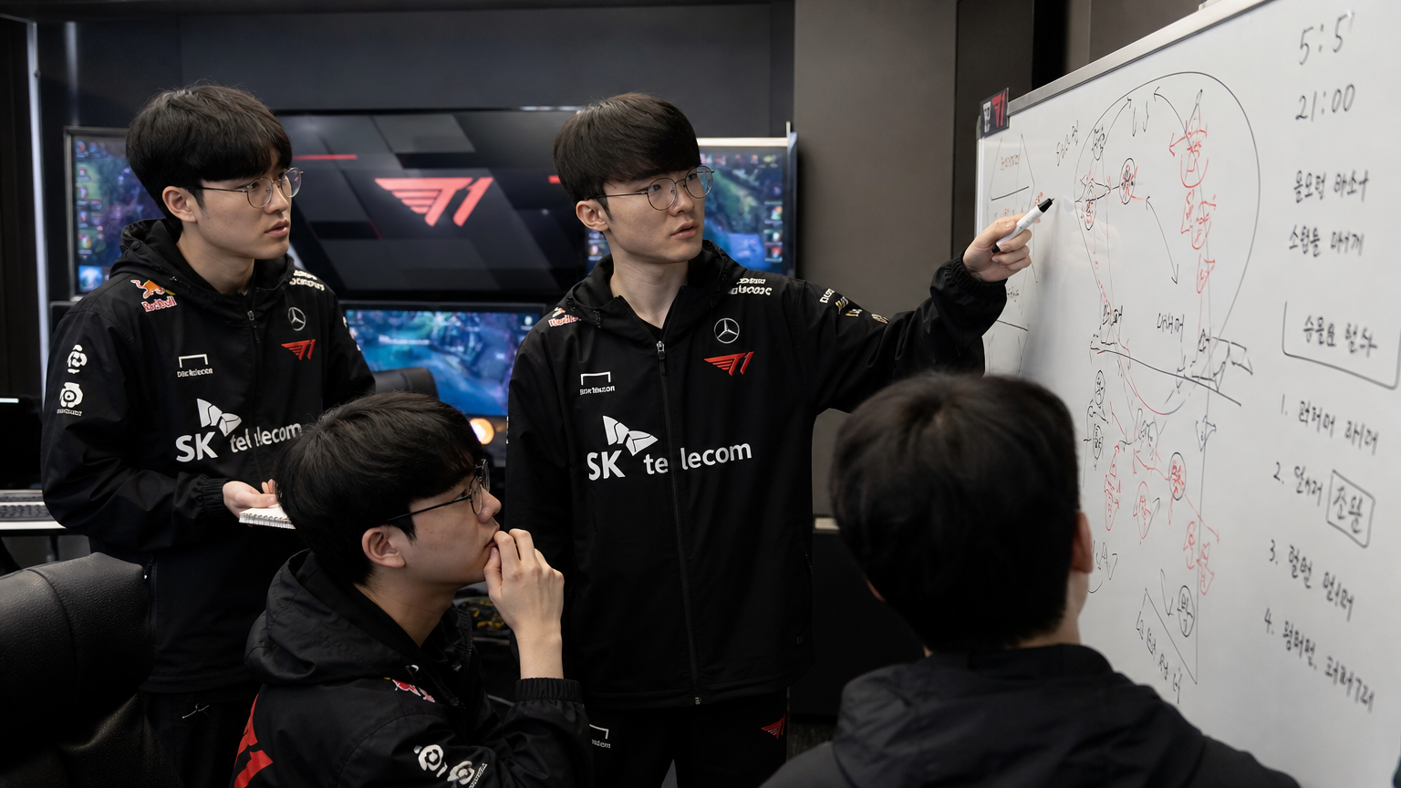 최첨단 훈련실에서 전략을 세우는 T1 팀의 프로 게이머들