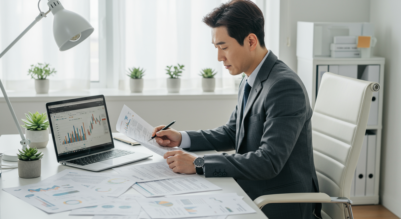 현대적인 사무실에서 세무 관련 서류와 국제 무역 데이터를 보며 집중하는 비즈니스 전문가 모습