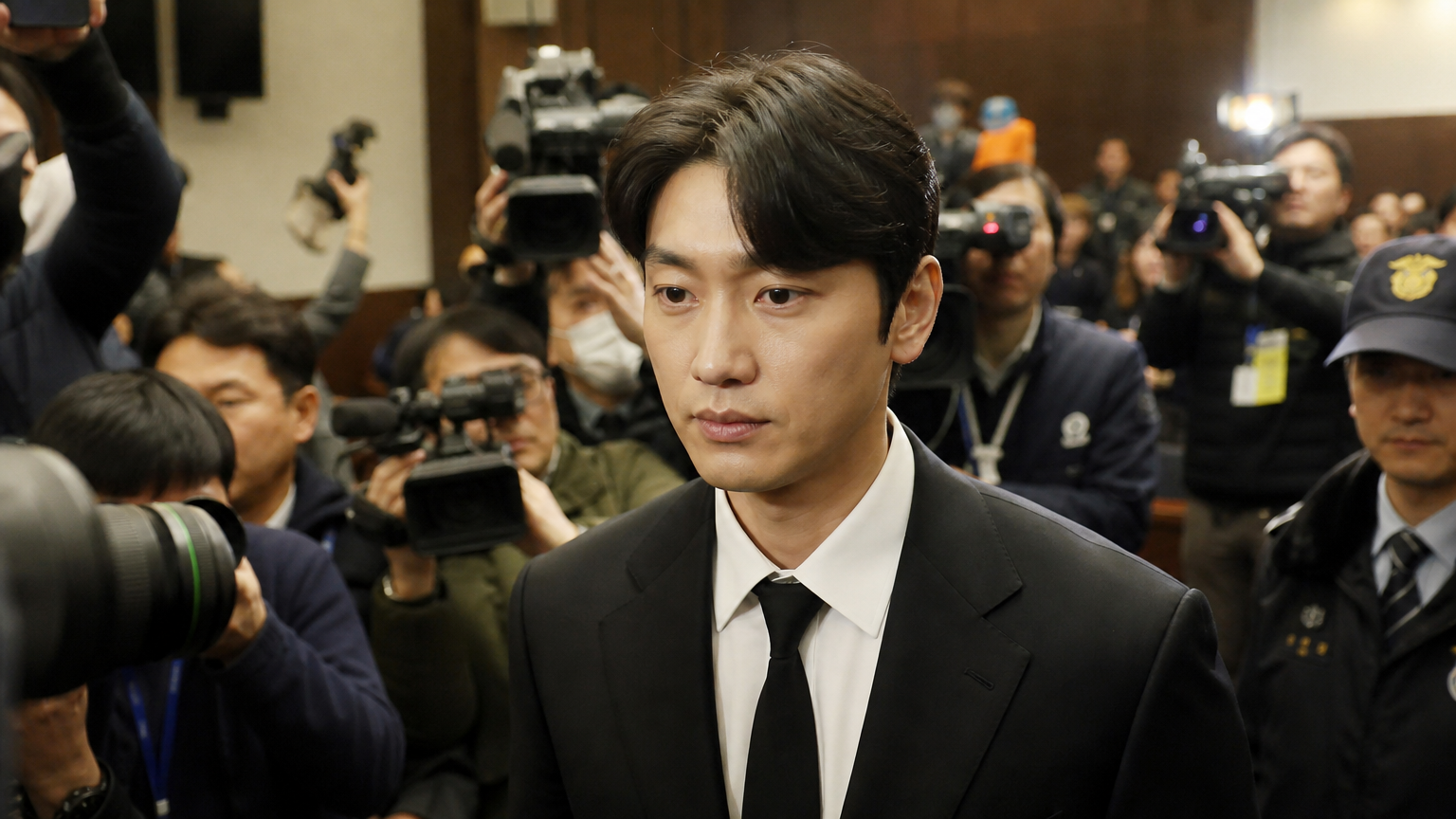 법정에서 매체들에 둘러싸인 배우의 엄숙한 모습
