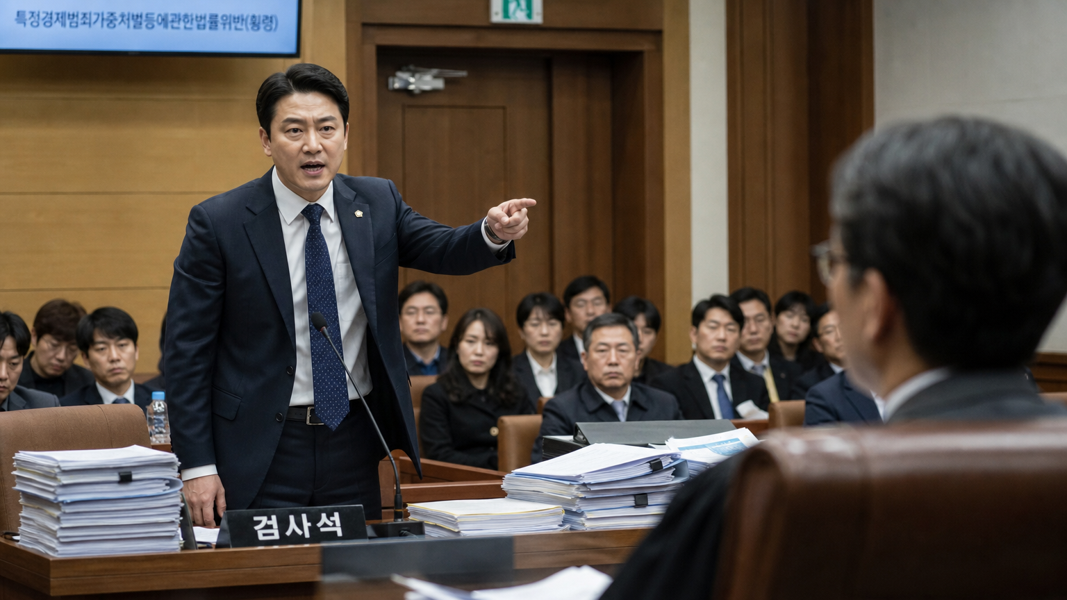 서울서부지법 법정에서 검사와 판사 사이의 긴장된 대화