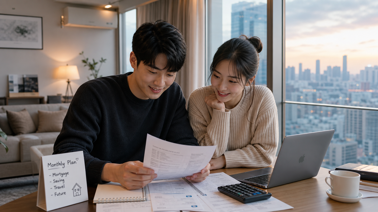 젊은 커플이 현대식 아파트에서 금융 계획을 세우는 모습