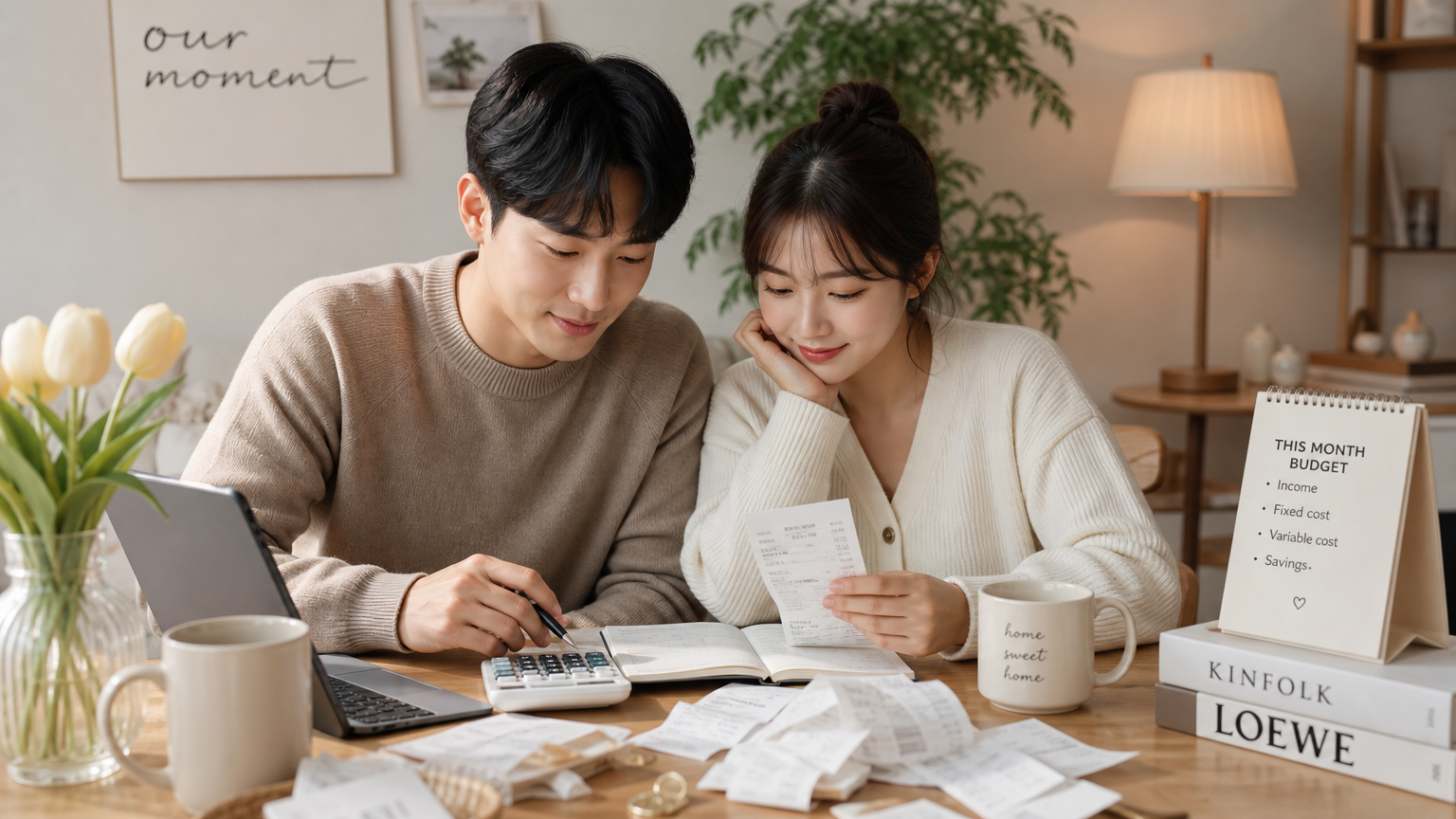 가계 지출을 관리하며 예산을 짜는 커플