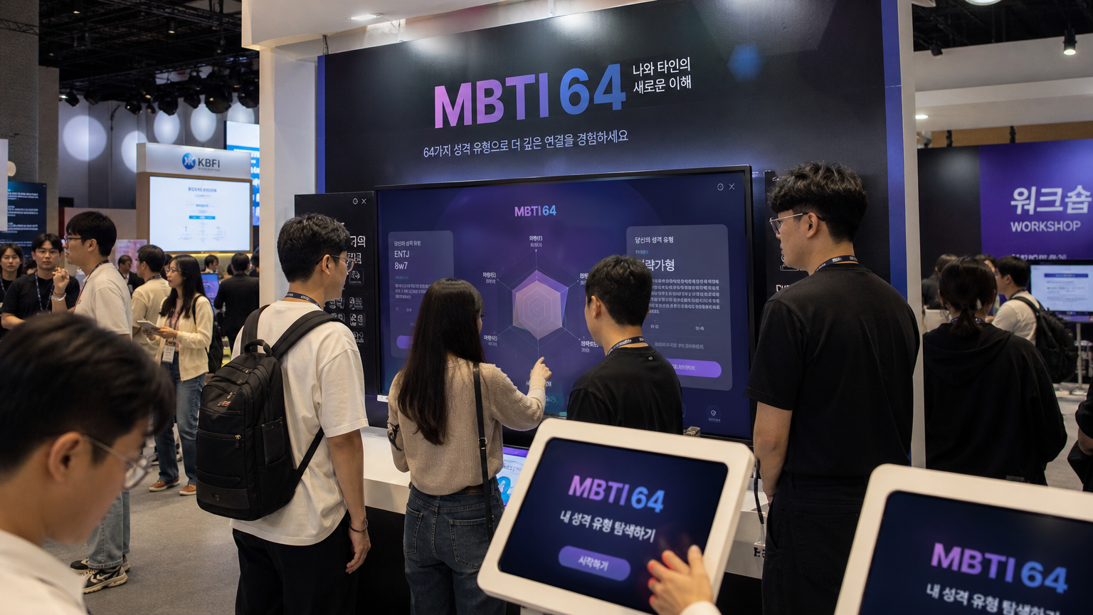 'MBTI64' 성격 프레임워크를 탐색하는 참가자들이 있는 한국 테크 컨퍼런스 현장