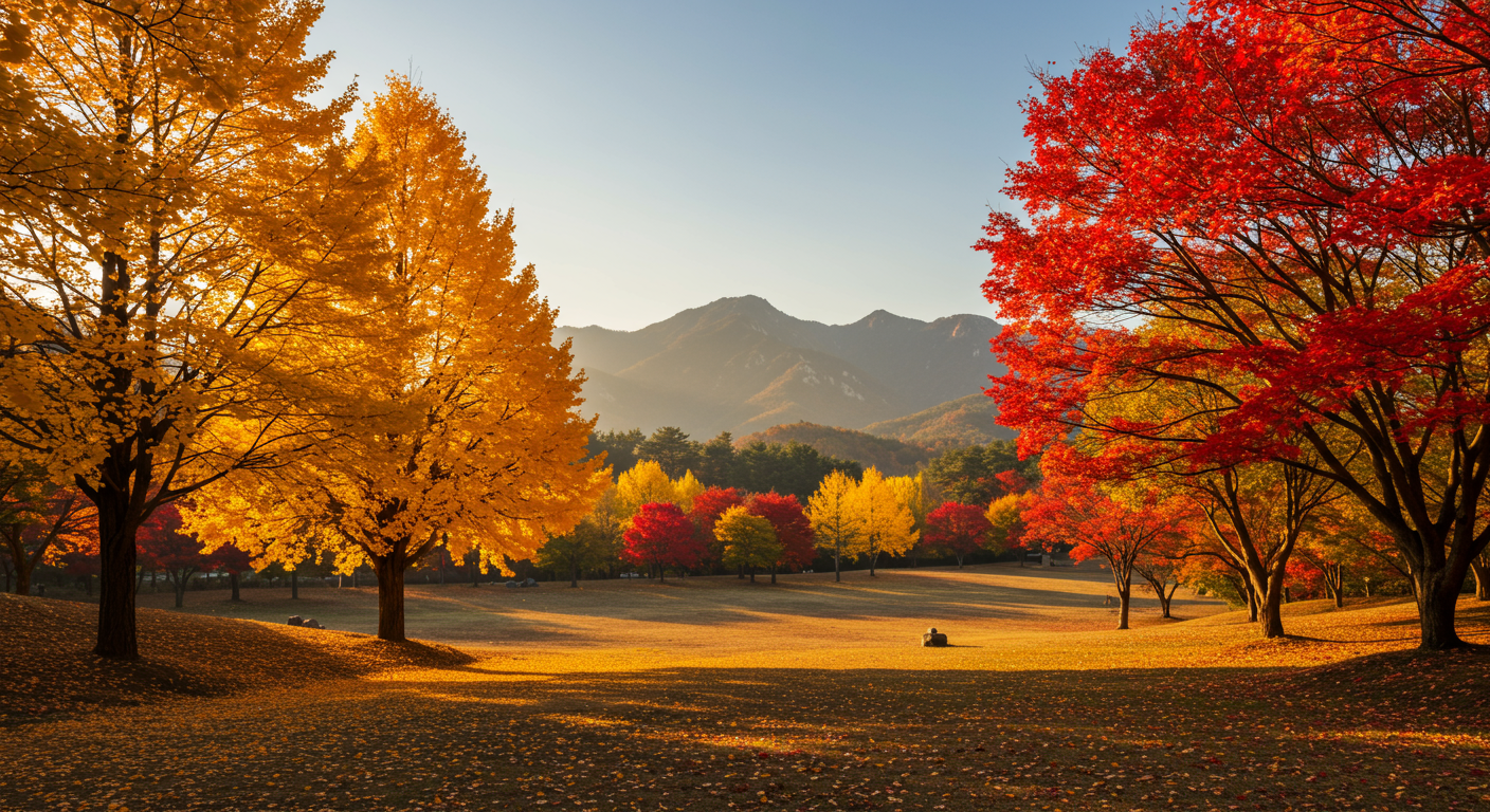 맑은 하늘 아래 황금빛 은행나무와 붉게 물든 단풍나무로 가득한 가을 풍경
