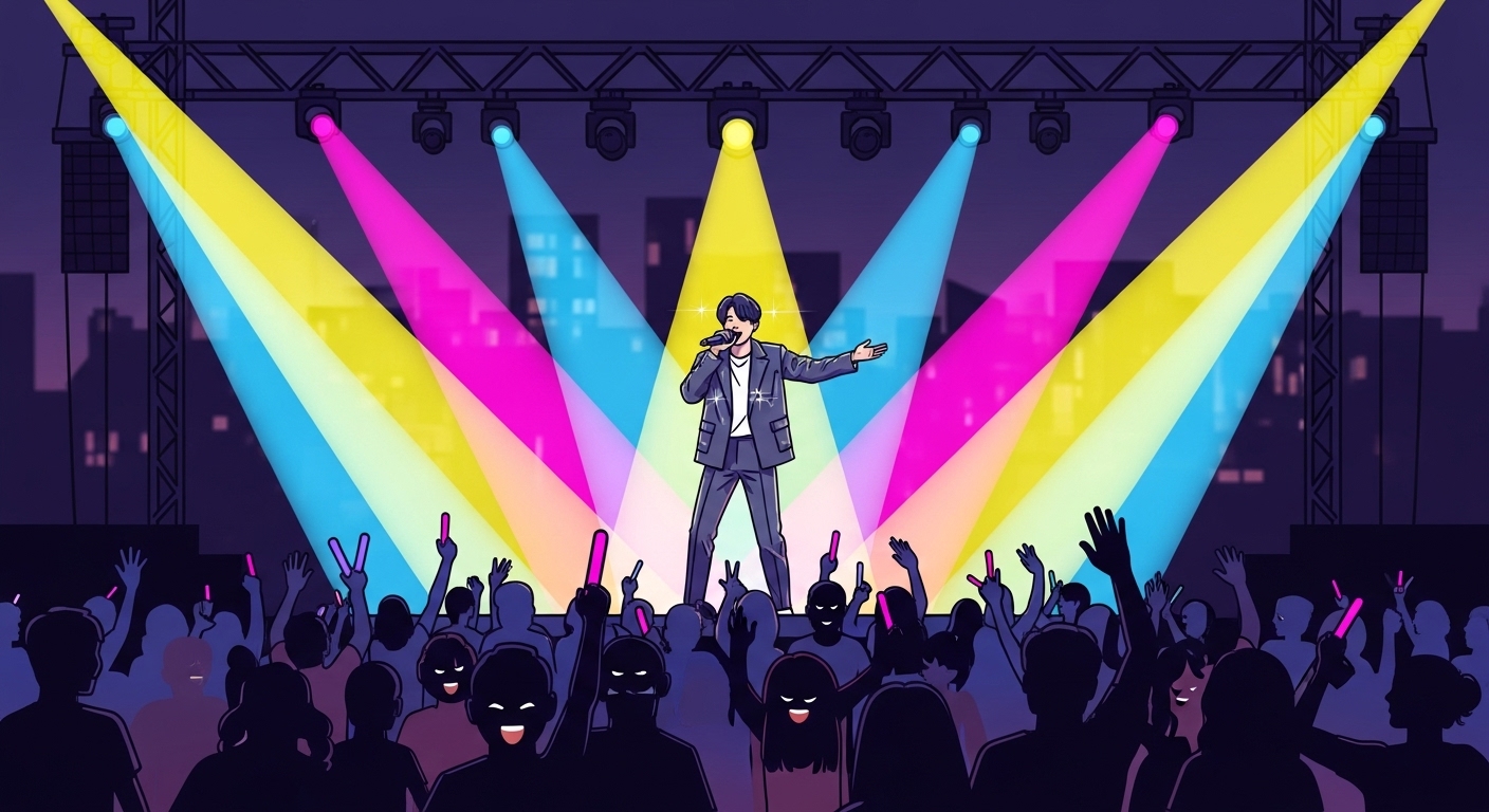 저녁 무대에서 노래하는 가수와 관객들이 모여 있는 모습