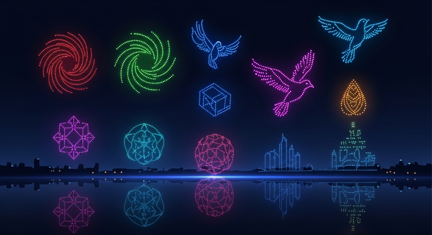 밤하늘을 수놓는 화려한 드론 라이트쇼 장면