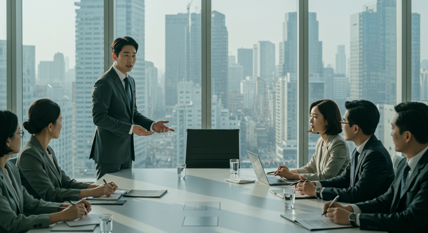 중요한 회의에서 발언하는 한국 사업가와 진지한 표정으로 듣고 있는 참석자들
