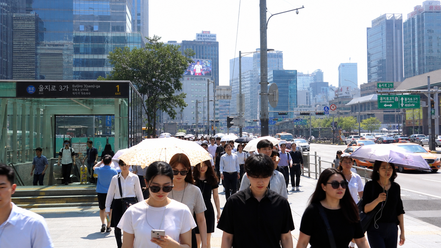 여름철 뜨거운 날씨 속에서 현대적인 도시 배경과 함께 걸어가는 사람들