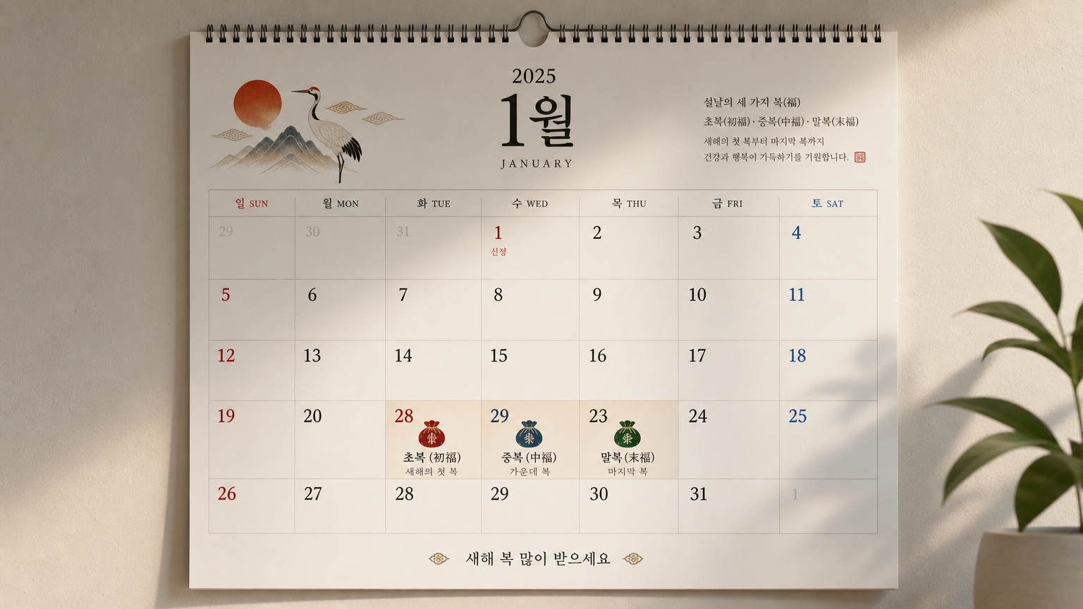 초복, 중복, 말복 날짜가 표시된 한국 전통과 현대 디자인이 결합된 달력