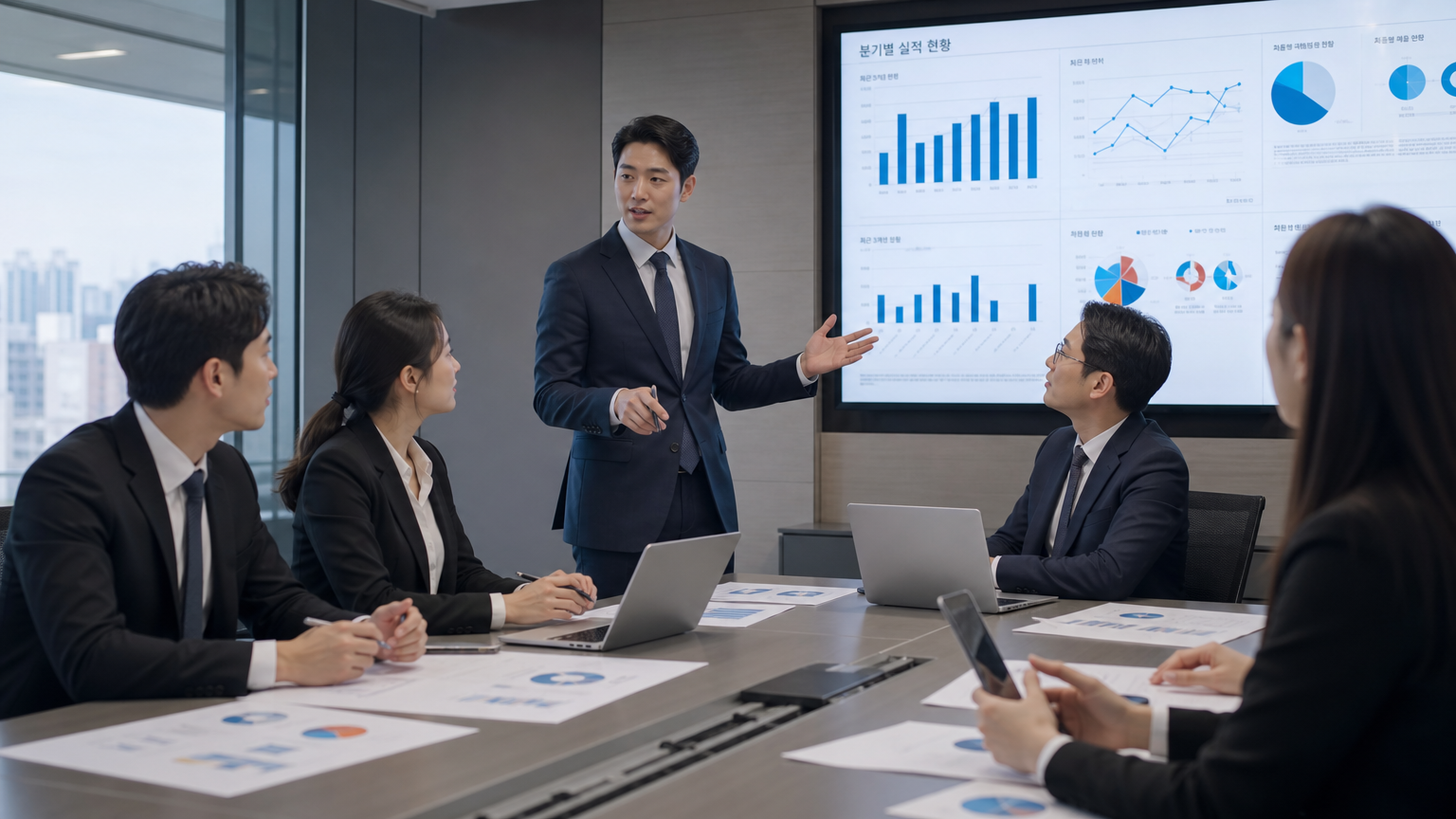 현대적인 회의실에서 전략을 논의하는 한국 전문가들이 모여있는 역동적인 비즈니스 미팅 장면