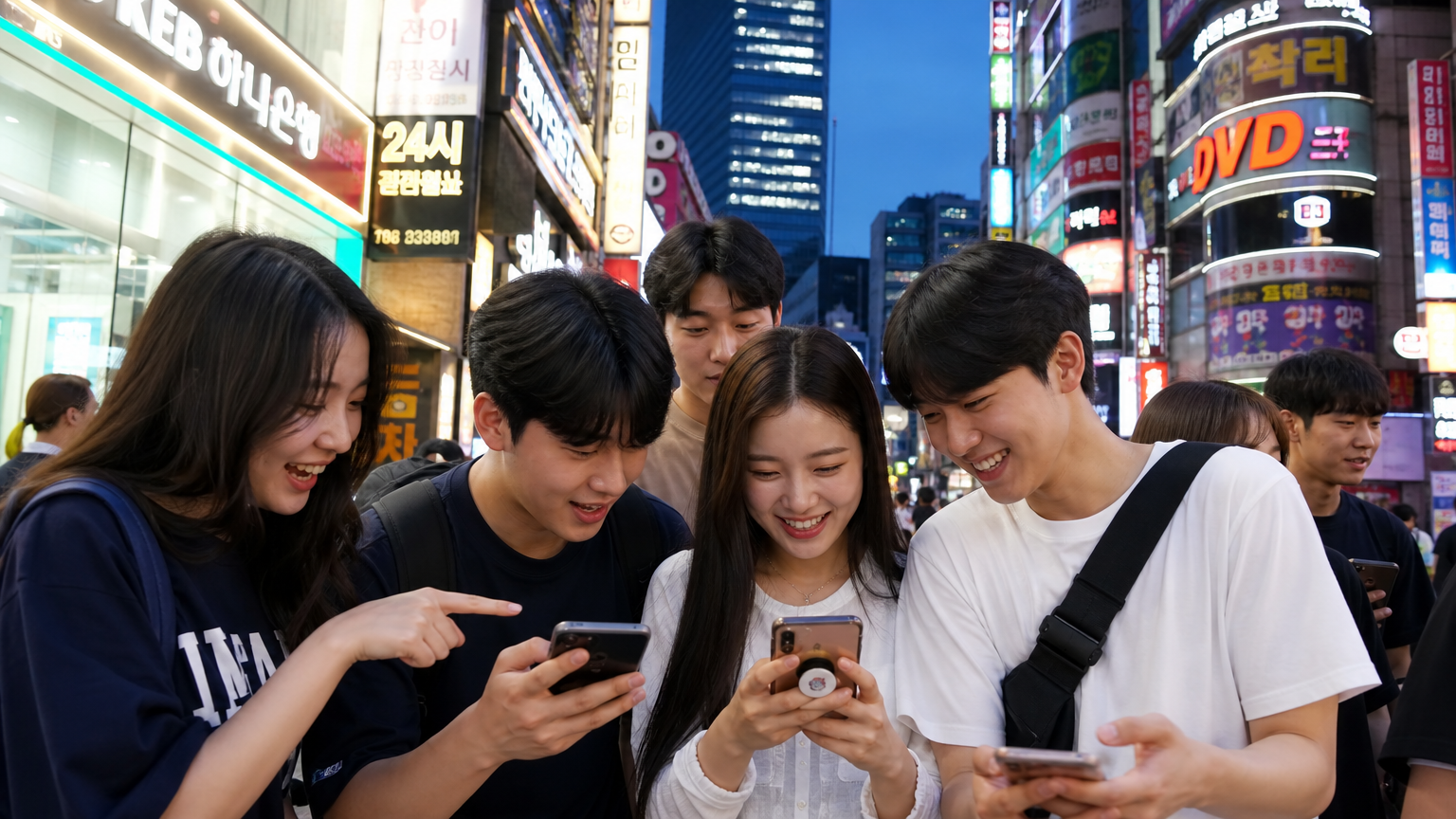 기술과 교류하는 한국 청소년 및 젊은 성인들의 활기찬 모습과 도시 풍경 배경