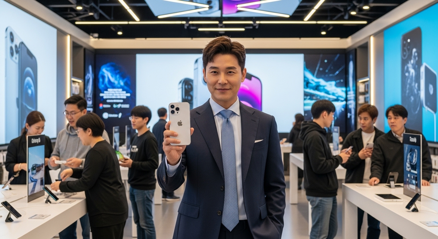 서울의 첨단 기술 상점에서 아이폰 16을 들고 있는 현대적인 비즈니스 전문가와 활기찬 고객들 모습.