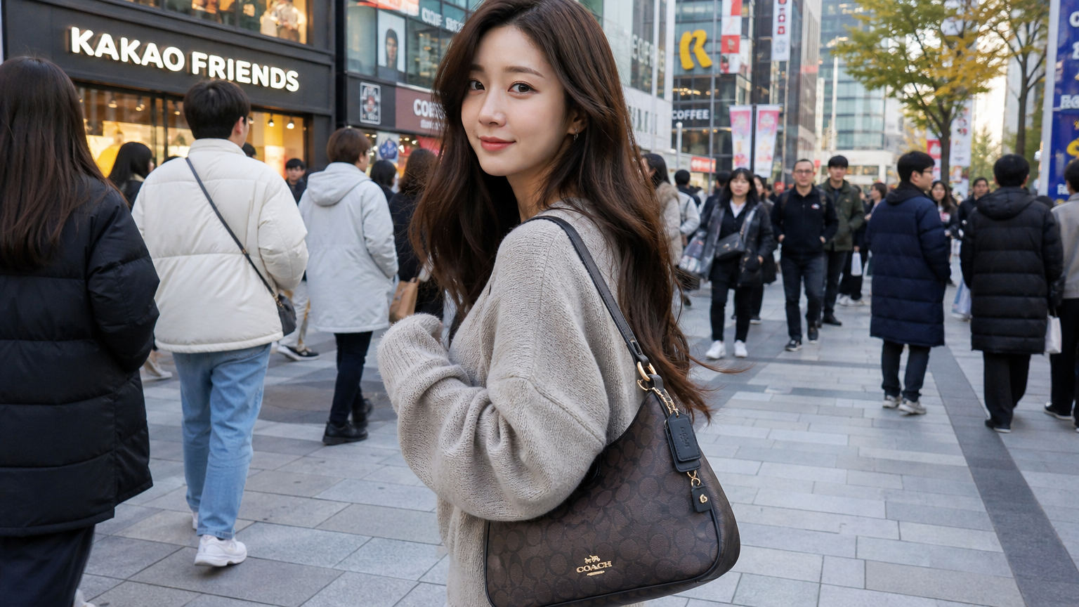 서울 거리에서 스타일리시한 코치 가방을 든 현대 여성