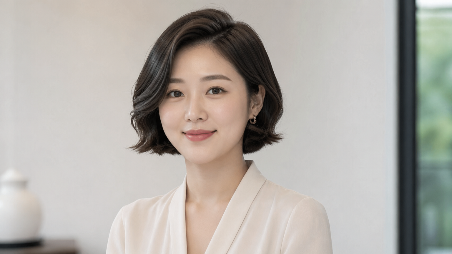 세련된 도시 배경에서 단발머리를 한 현대적인 여성