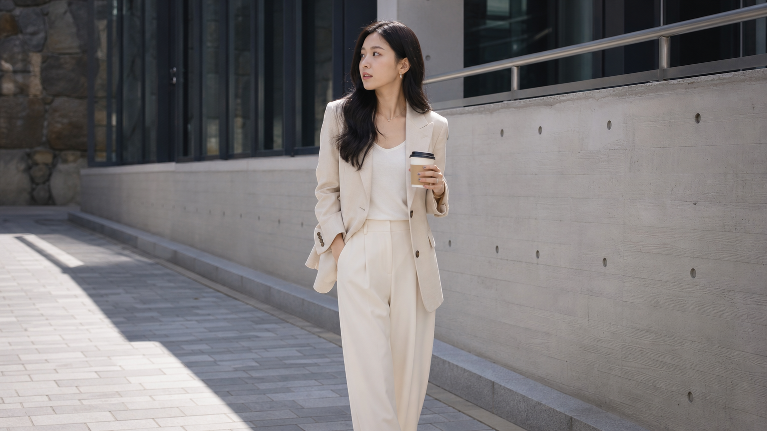 현대적인 건축물이 배경인 도심에서 미니멀리스트 의상을 입은 한국 패셔니스타