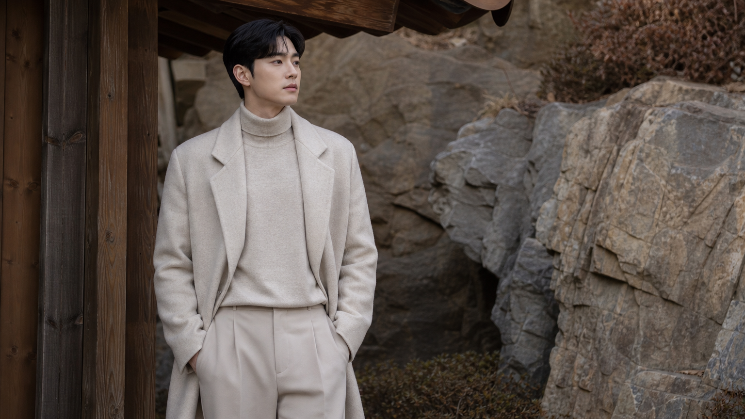 자연 요소인 나무와 돌을 배경으로 고급스러운 질감의 옷을 입은 젊은 남성