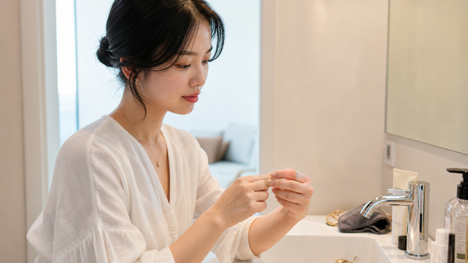 일상 생활 중 손 씻기 전이나 화장품 사용 전에 불가리 반지를 빼는 한국 여성