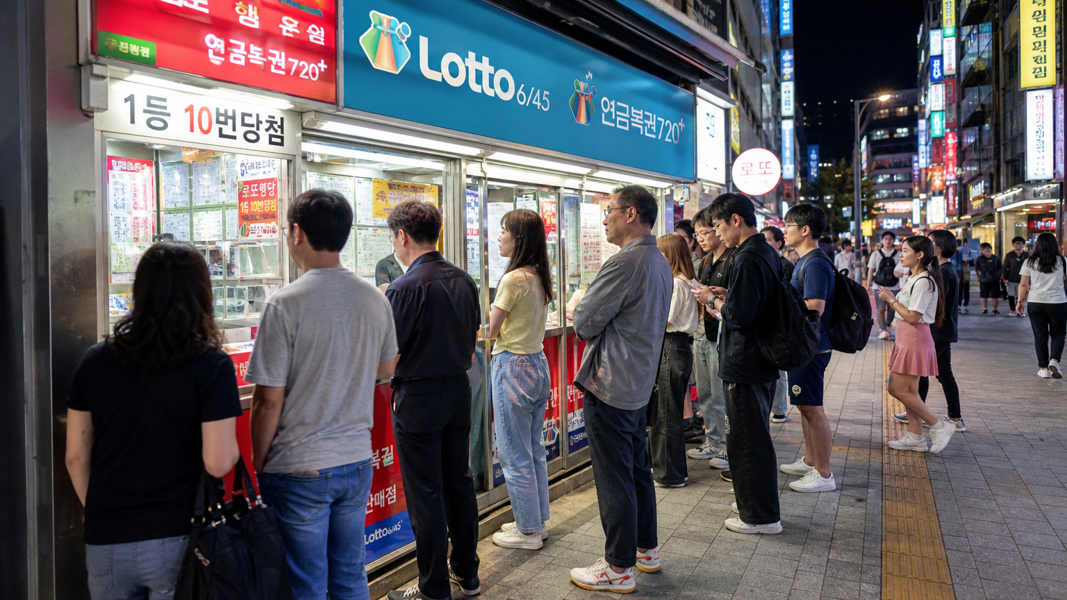서울의 복권 판매점 앞에서 다양한 사람들이 줄 서 있는 모습