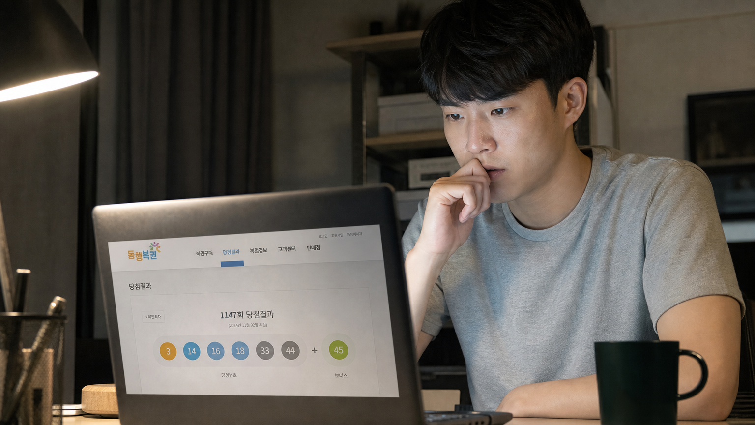 젊은 남성이 집에서 노트북으로 동행복권 사이트를 통해 결과를 확인하는 장면