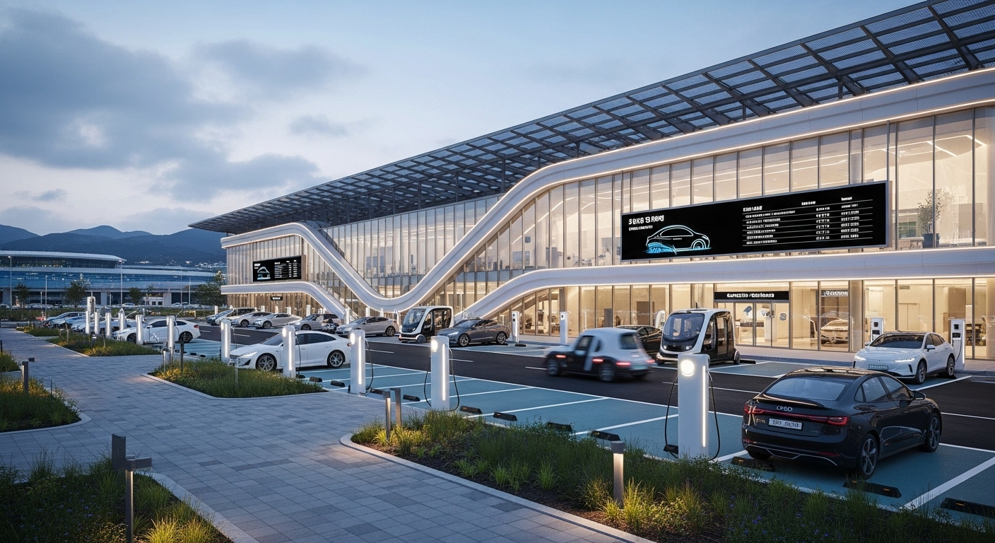 제주공항 근처에 전기차와 자율주행차가 있는 현대적이고 미래지향적인 카셰어링 터미널 모습