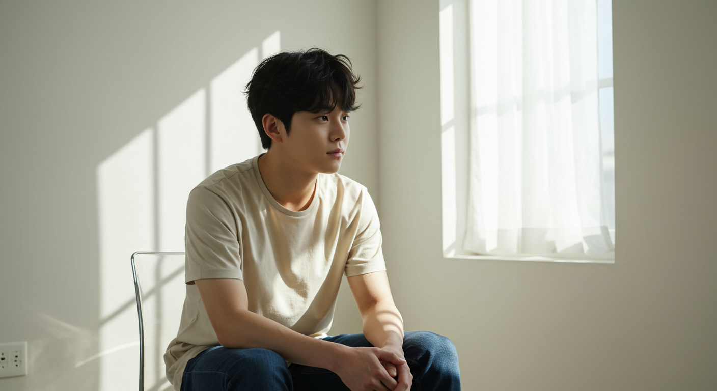 현대적인 미니멀리스트 방 안에서 깊은 생각에 잠긴 젊은 성인의 모습