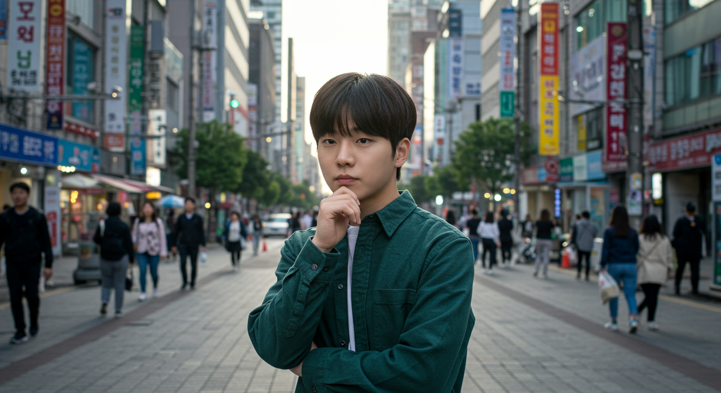 서울의 번화한 거리에서 생각에 잠긴 현대인의 모습