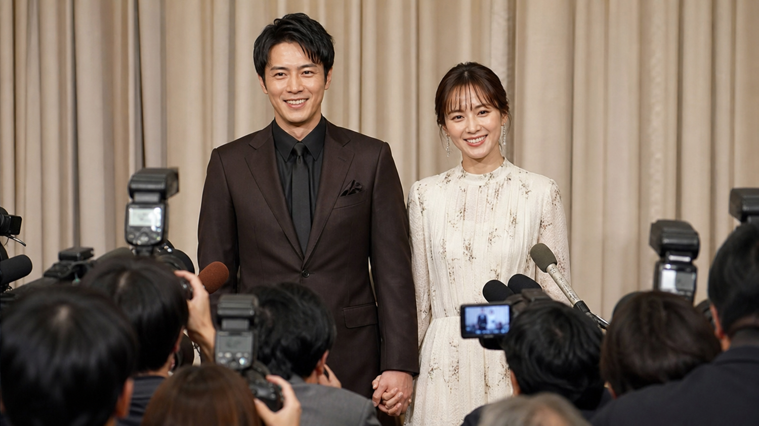 일본 톱스타 커플이 기자회견장에서 손을 잡고 미소 짓고 있는 모습