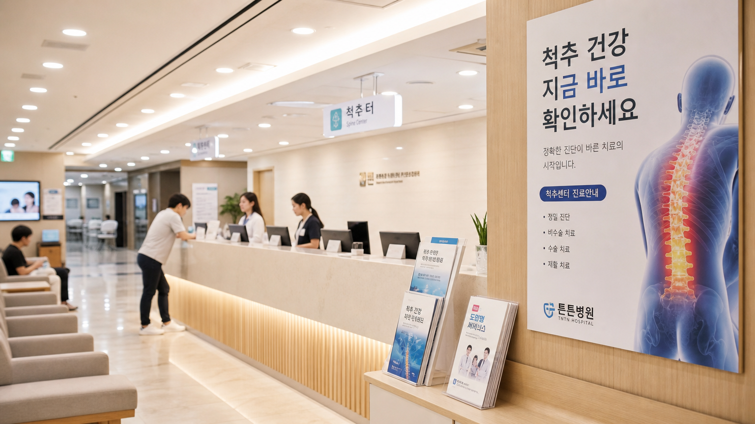 현대적인 병원 접수처와 척추 건강 정보를 알리는 포스터 및 안내책자