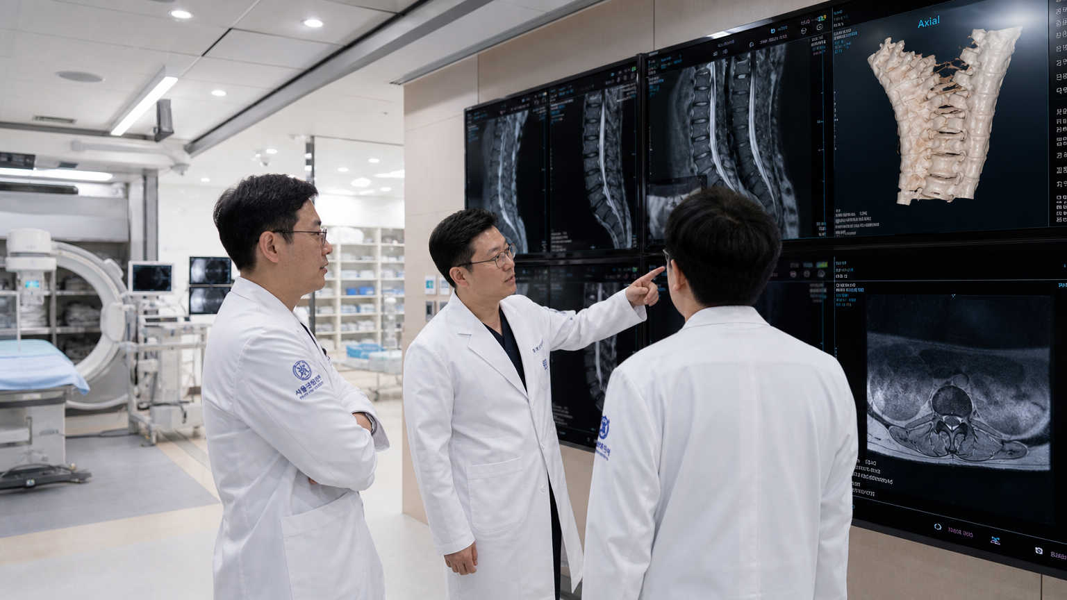 최첨단 장비를 갖춘 의료 시설에서 환자 진단을 논의하는 한국 의사들의 모습