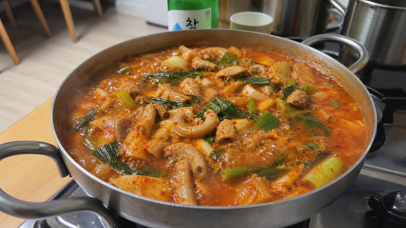 아늑한 한국 아파트 주방에서 끓고 있는 얼큰한 소곱창 전골