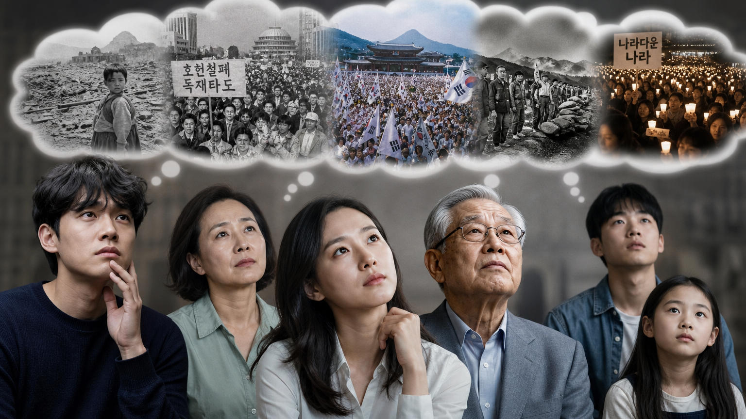 다양한 현대 한국인들이 과거를 회상하며 역사적 사건들이 담긴 생각 풍선을 떠올리는 모습