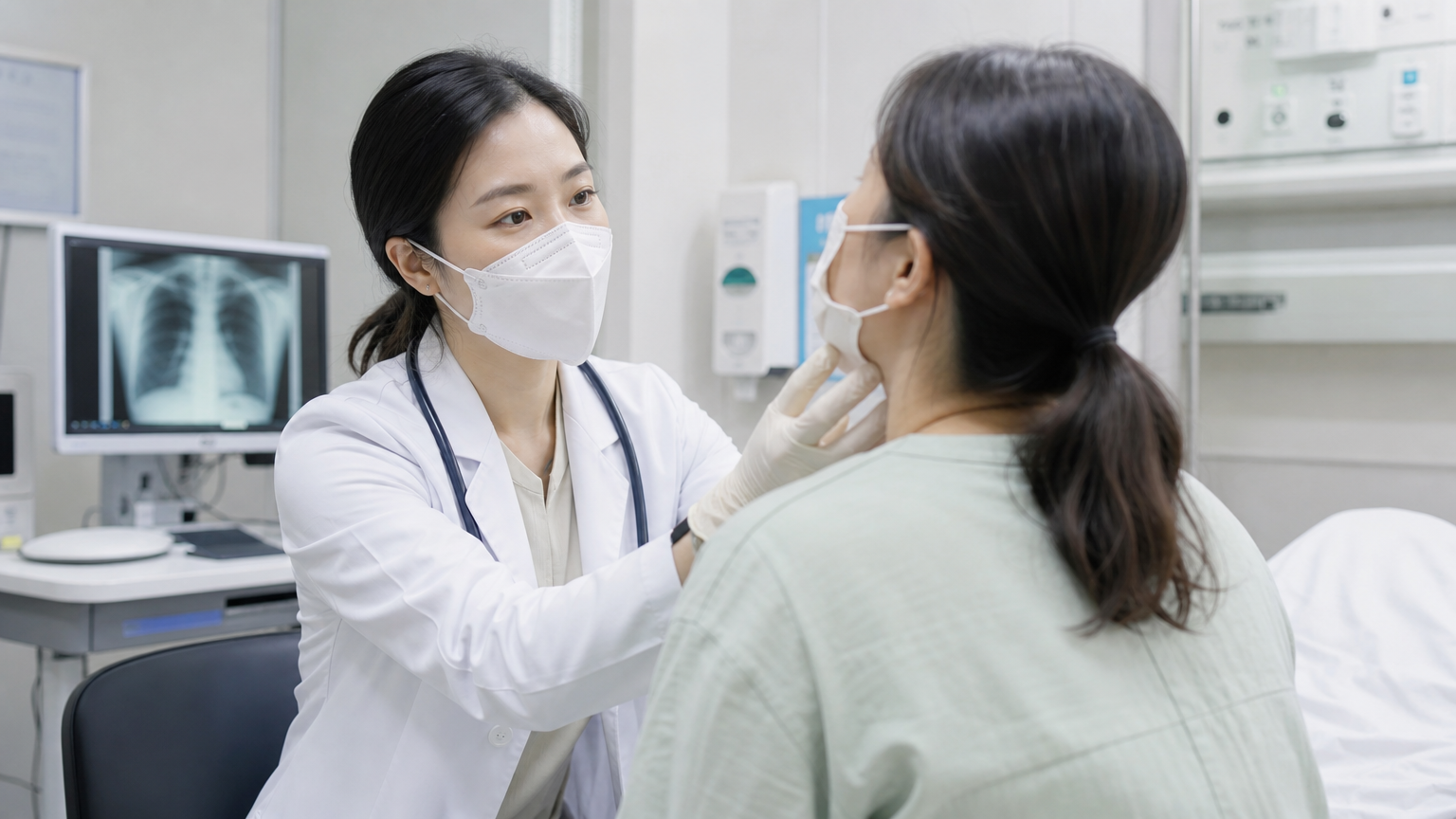 현대 한국 의료진이 병원에서 롱코비드 증상을 겪고 있는 환자를 치료하는 모습
