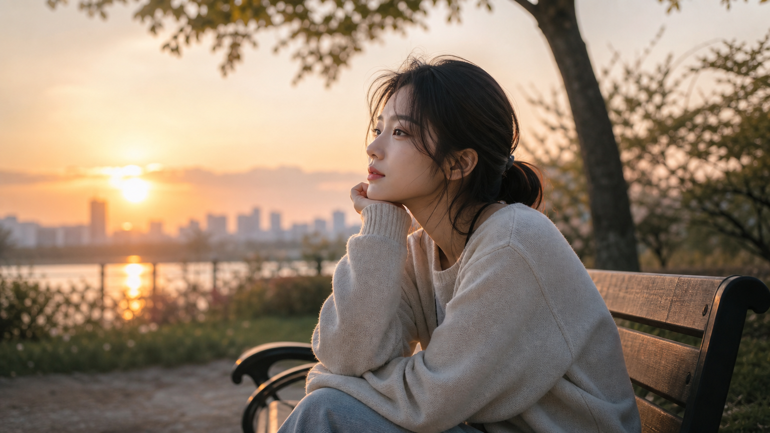 공원 벤치에 앉아 생각에 잠긴 젊은 여성