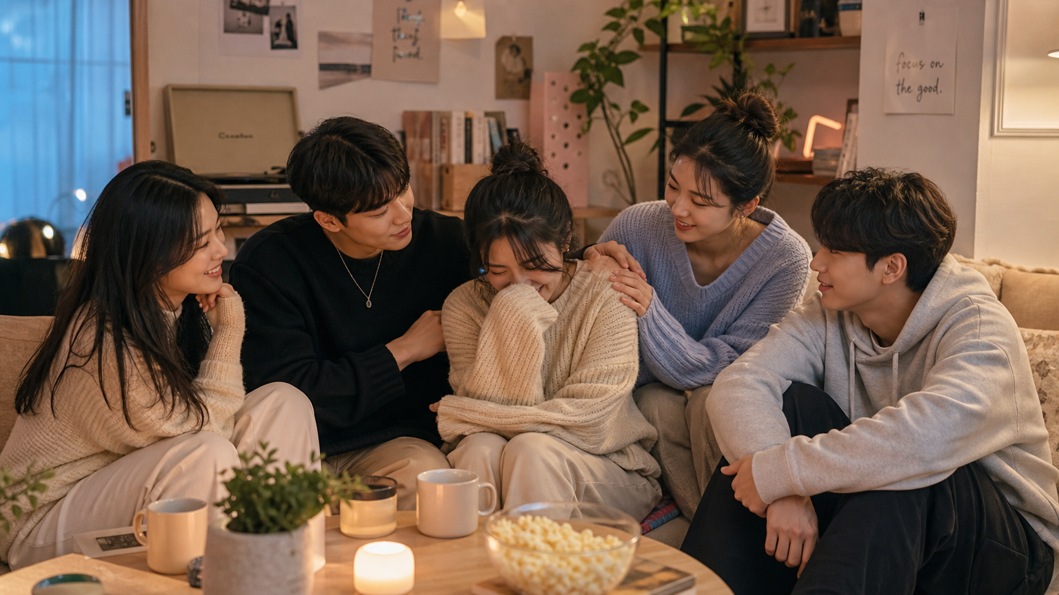 친구들이 서로 위로하며 안락한 공간에서 대화하는 모습