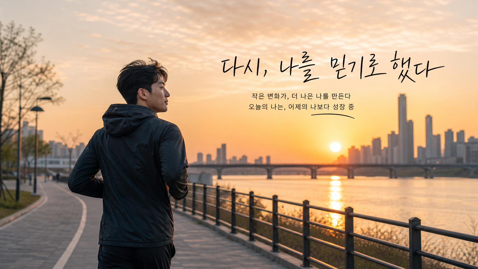 한강변에서 조깅하며 자존감을 회복하는 장면