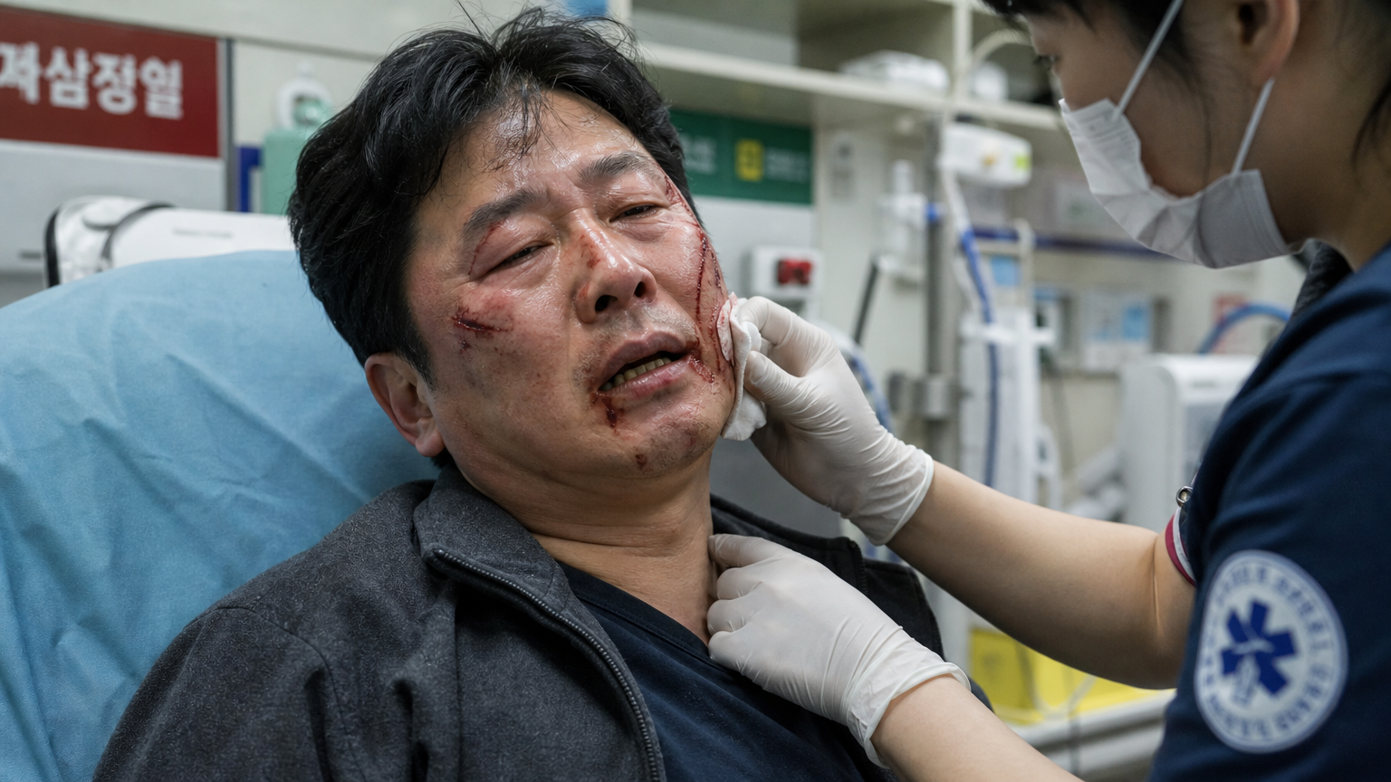 병원 응급실에서 얼굴 부상을 치료받는 중년 남성의 모습