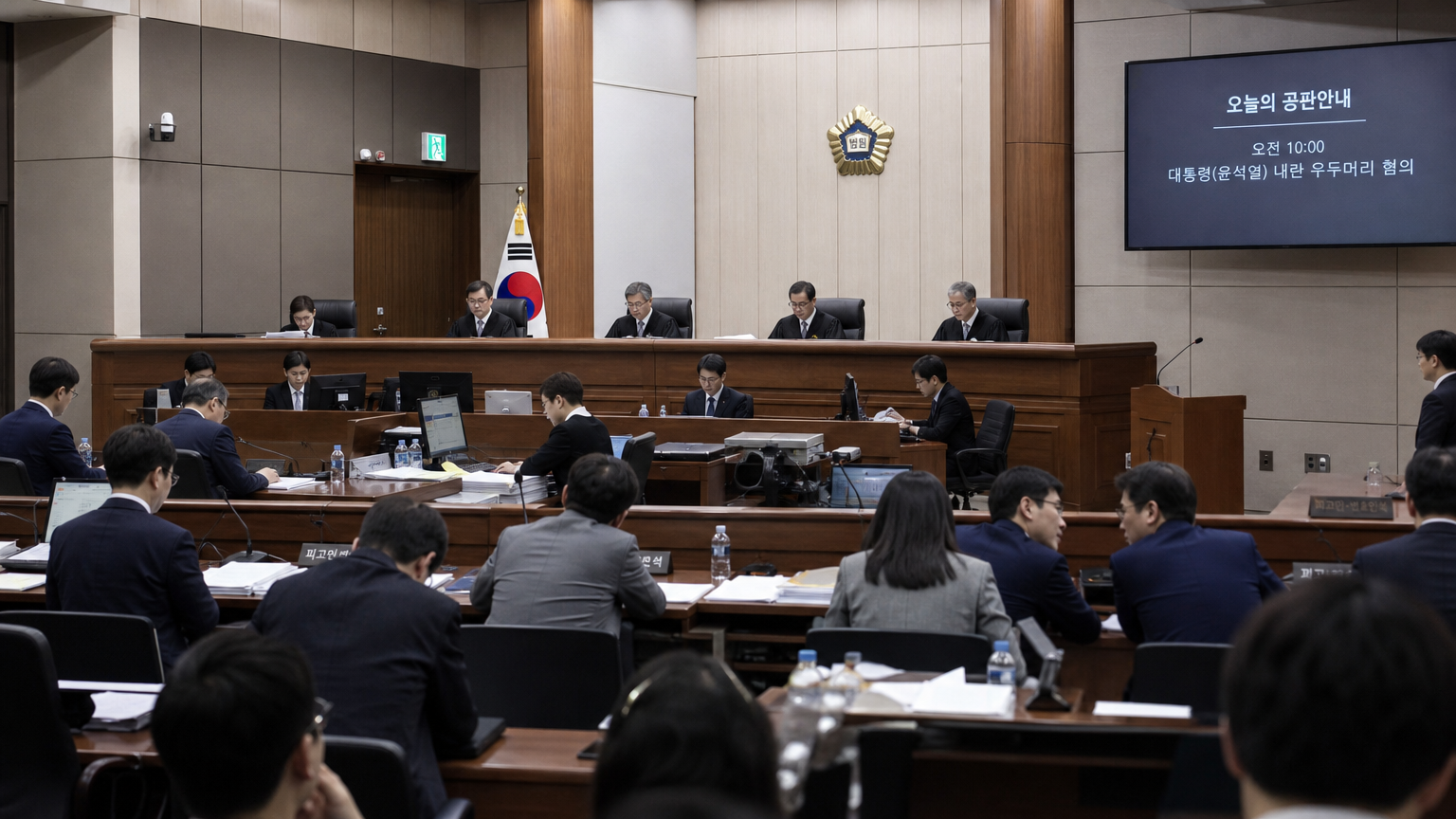 한국 법정에서 공인 관련 재판을 준비하는 장면