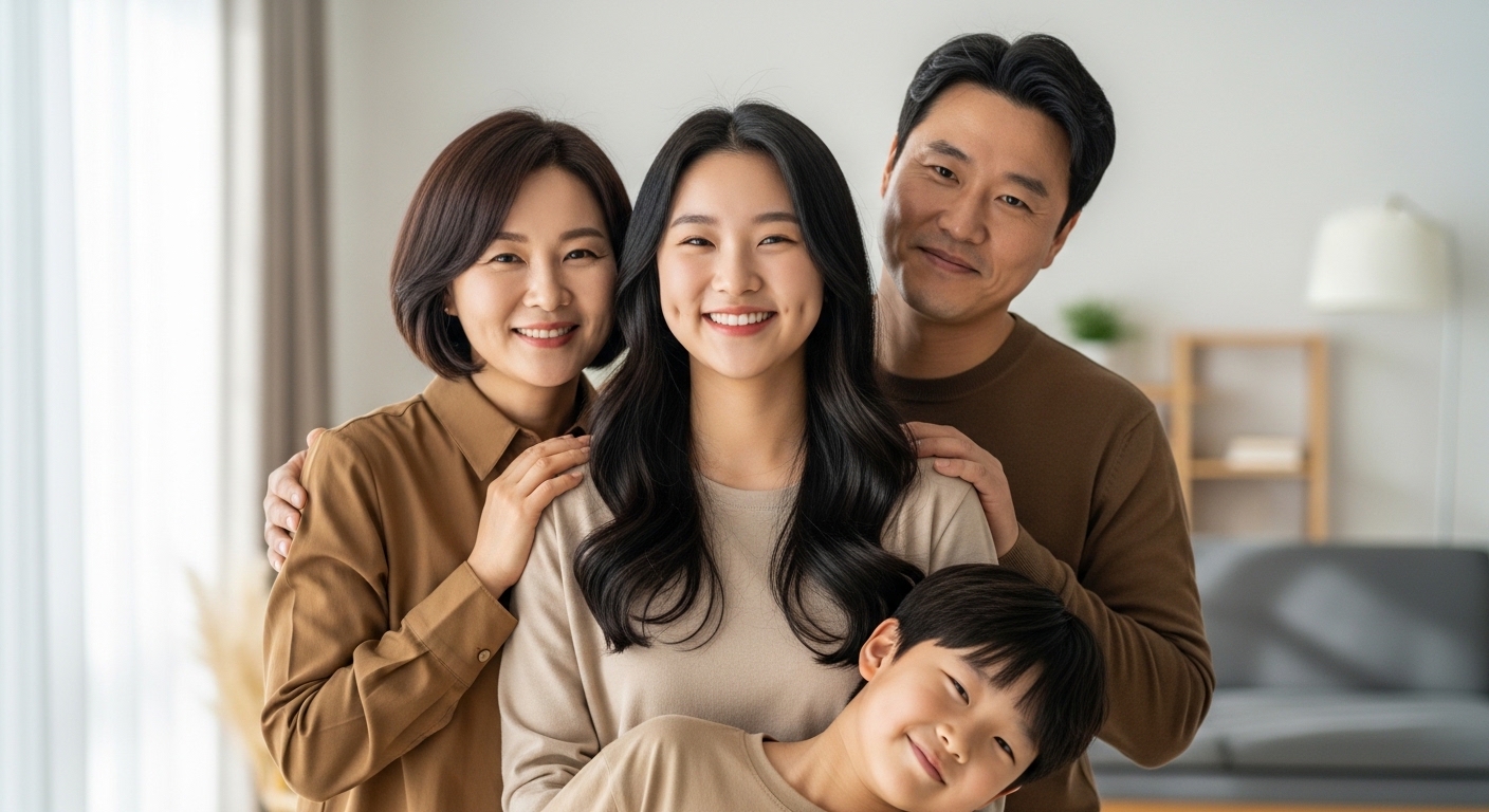 현대적인 한국 가족 사진 속에서 뚜렷한 보조개를 가진 누나의 모습과 따뜻한 분위기