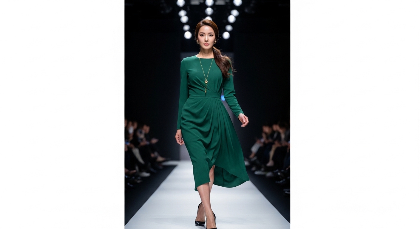 우아하고 세련된 의상을 입고 런웨이 위에서 자신감을 발산하는 스타일리시한 여성