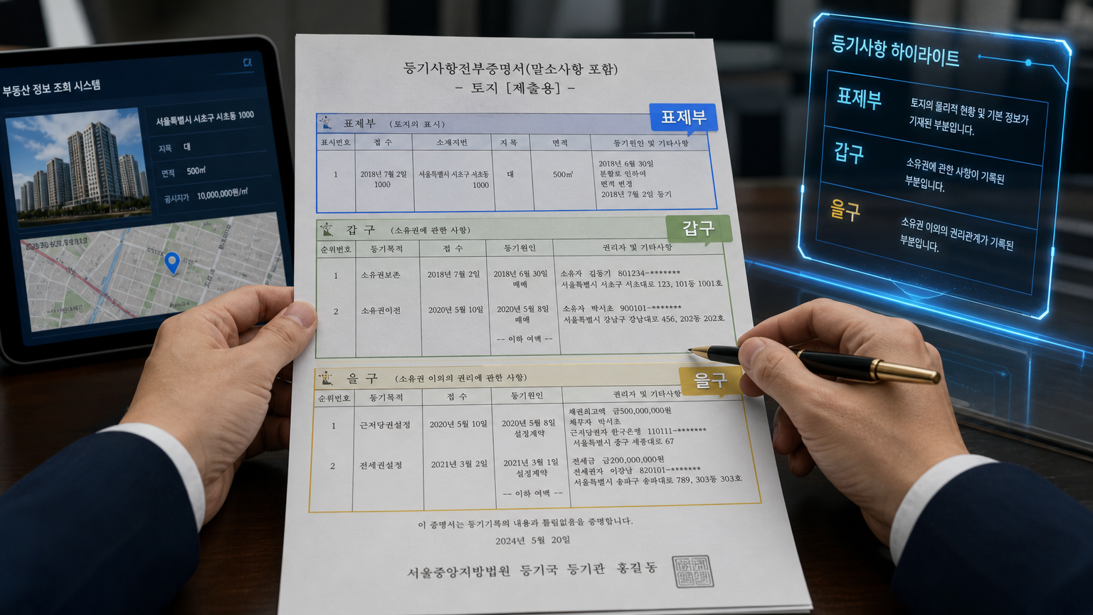 표제부, 갑구, 을구로 구분된 부동산 문서와 태블릿 및 홀로그램 같은 현대 기술 요소들