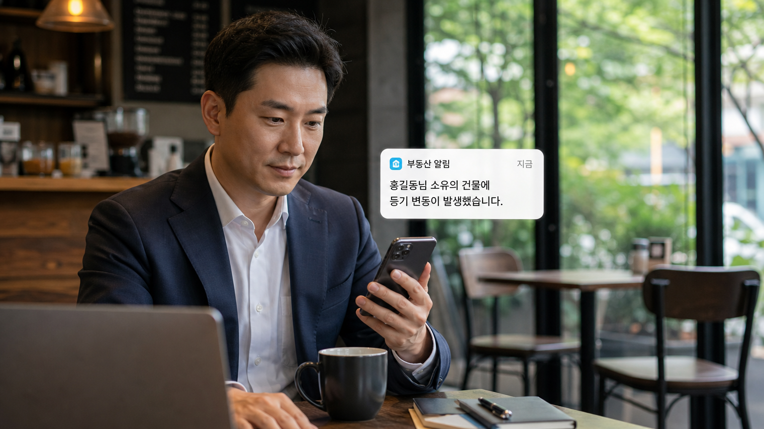 카페에서 스마트폰으로 부동산 등록 변경 알림을 받는 한국인의 모습