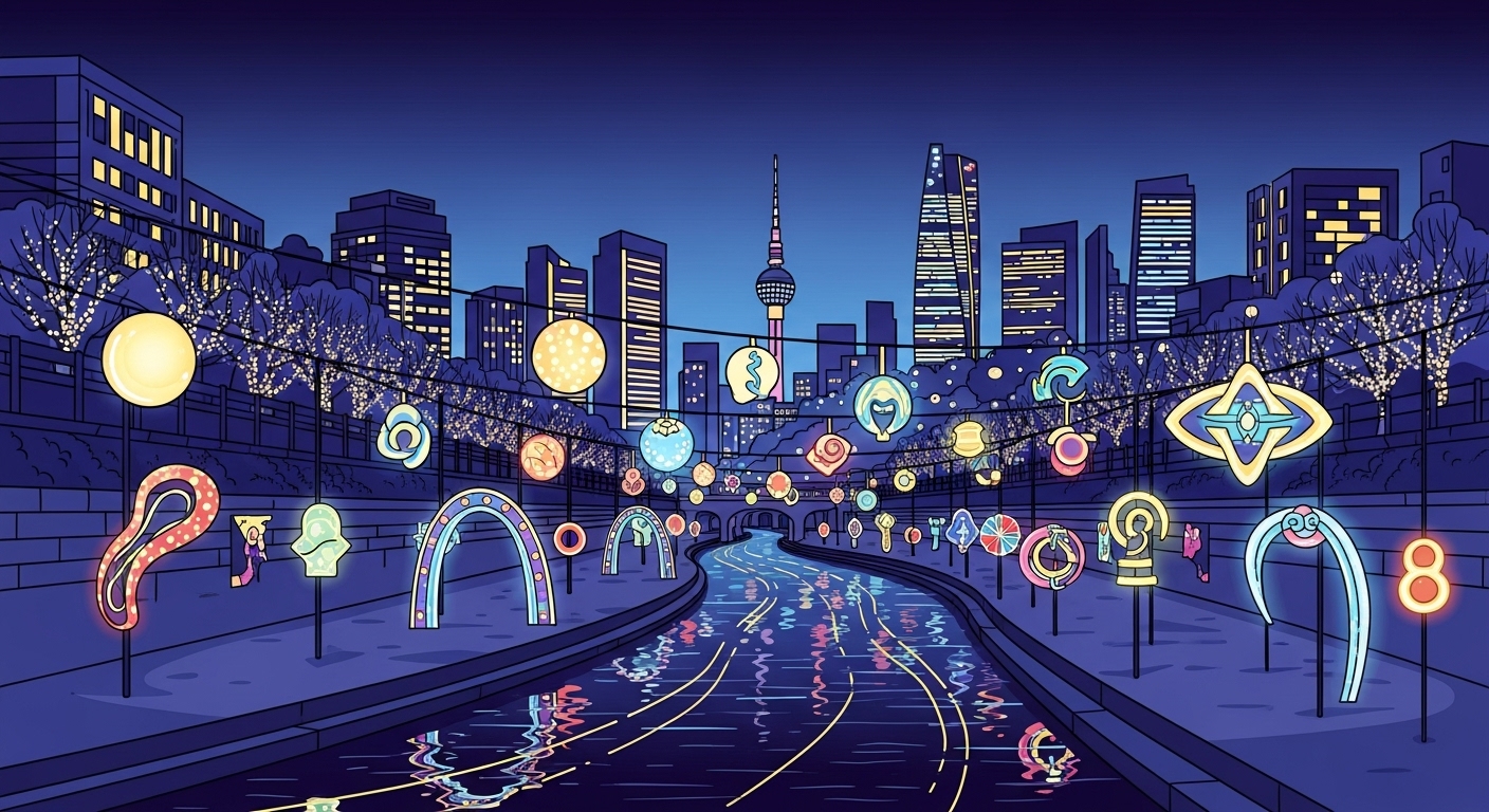 서울 청계천에 설치된 화려한 빛 조형물과 겨울 야경