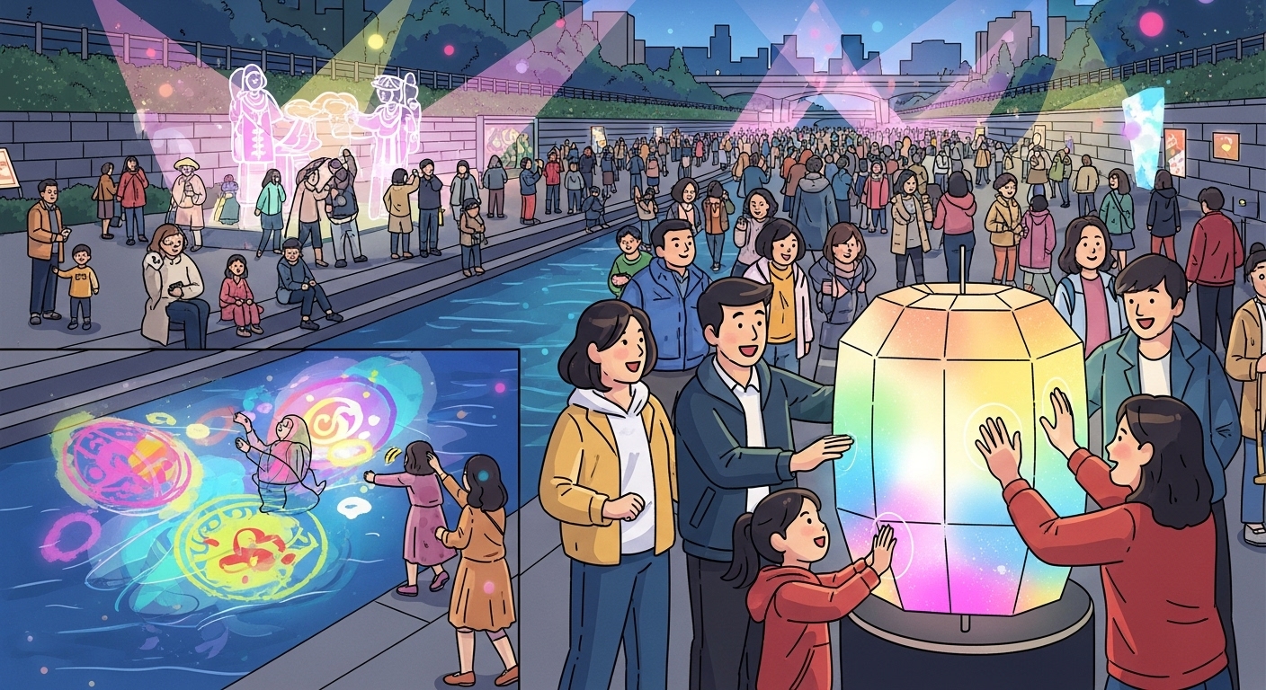 청계천에서 무료로 즐기는 빛 축제를 체험하는 사람들