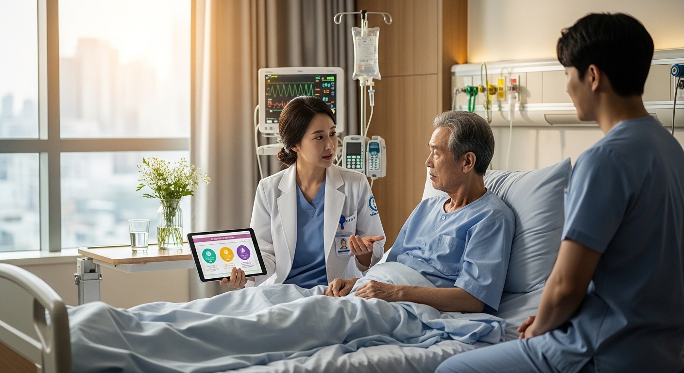 현대적인 병원에서 의료진이 환자와 함께 조력 존엄사에 대해 논의하는 장면
