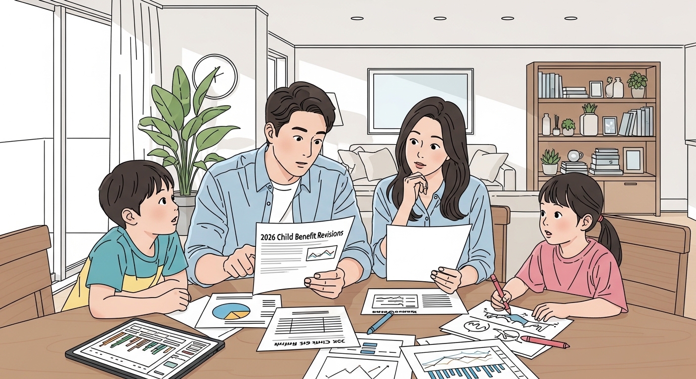현대 한국 가정이 2026년 아동수당 변화에 대해 검토하는 모습