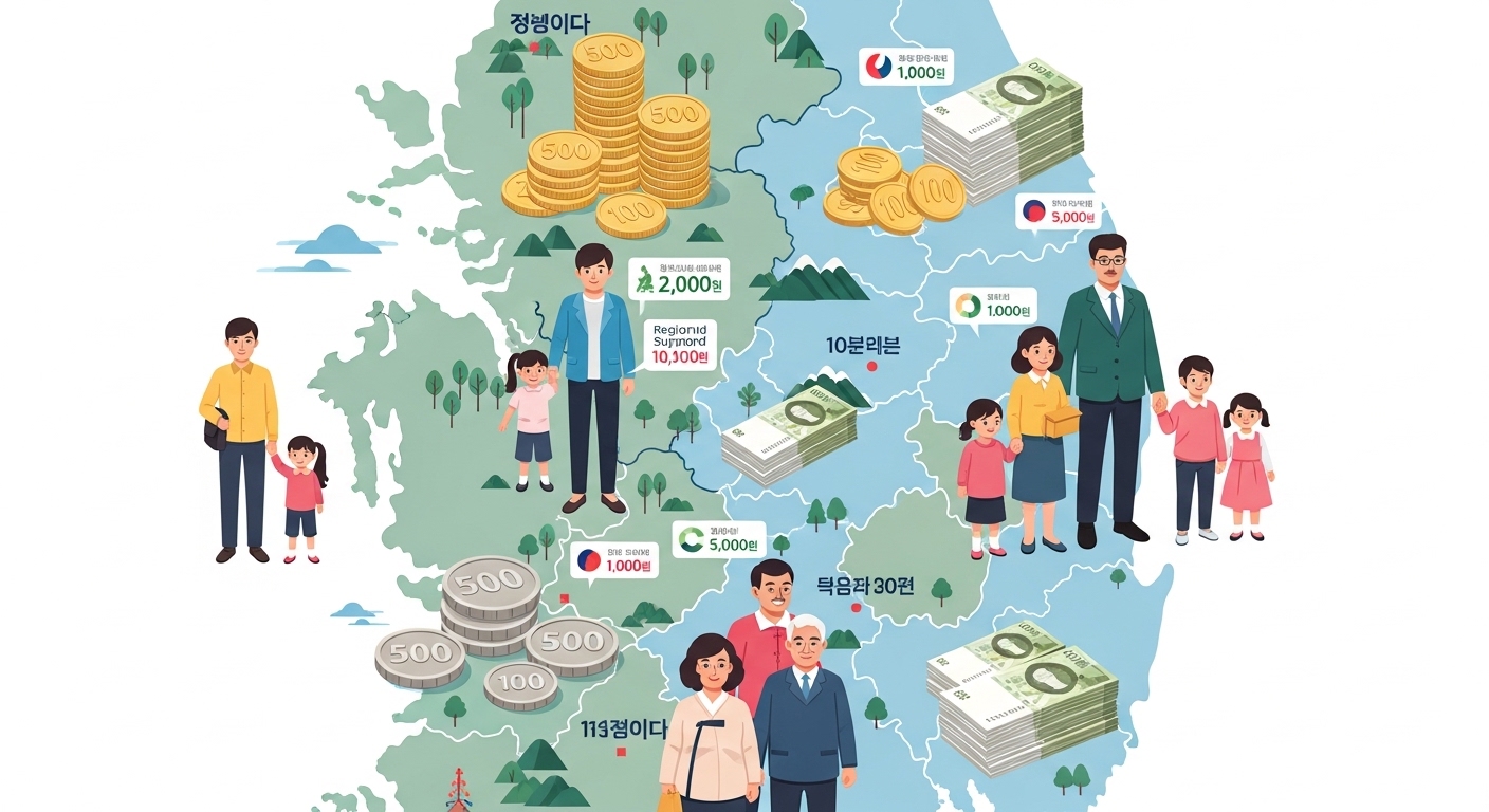 한국 지도 위에서 다양한 지역별 아동수당을 받는 가족들