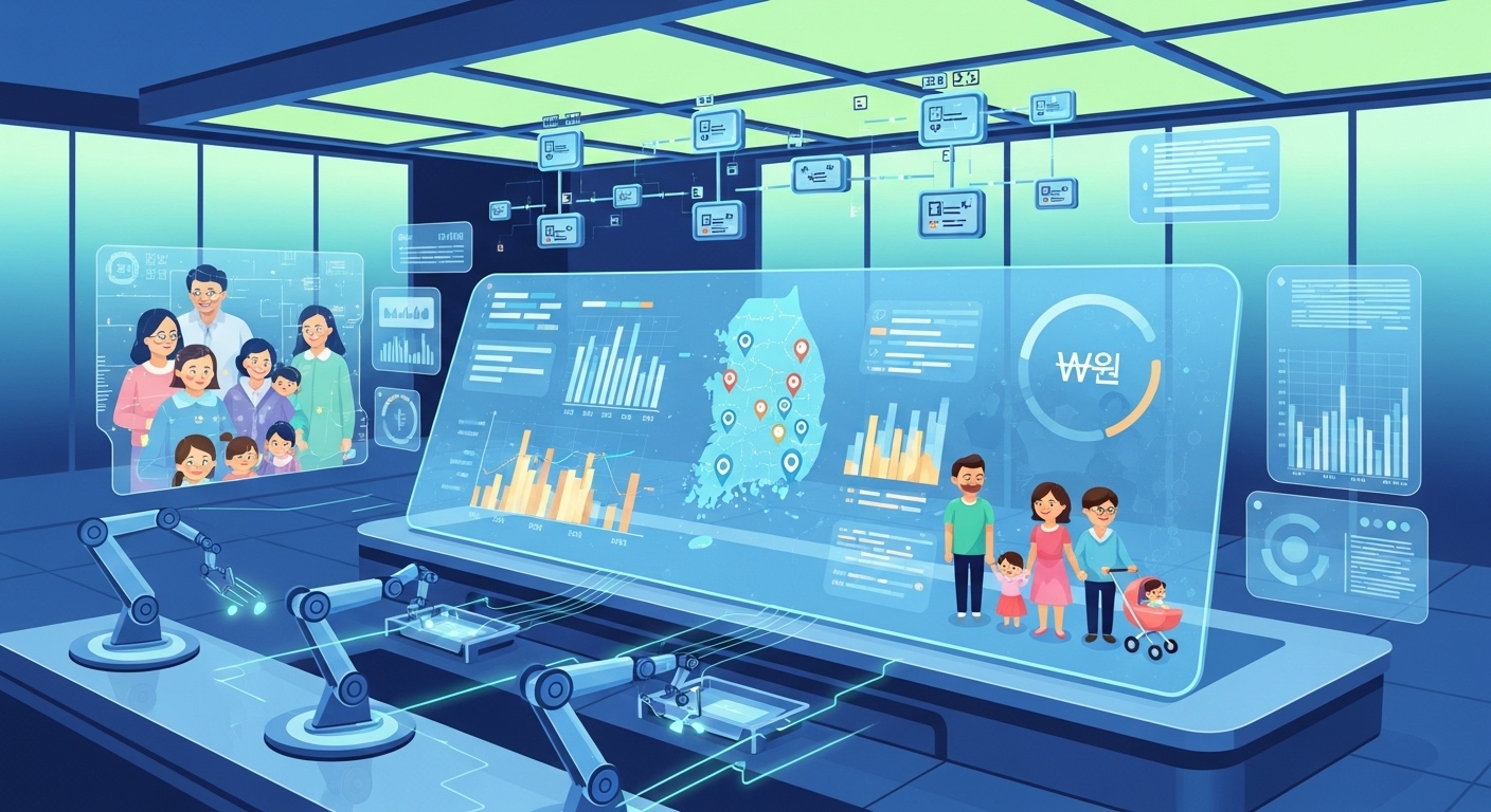 자동화된 시스템으로 아동수당을 처리하는 미래적인 장면