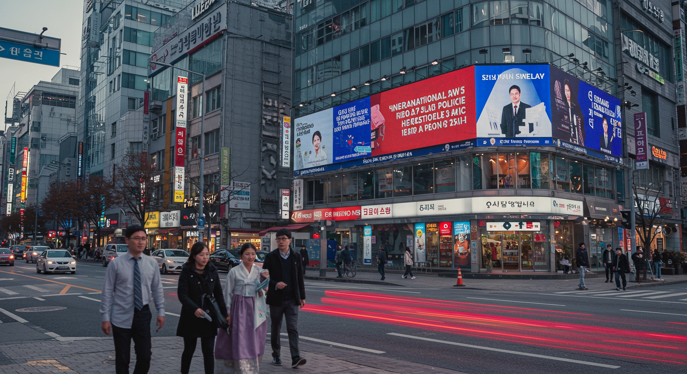 서울의 번화가에서 현대적인 건축물과 디지털 광고판에 국제법 및 정치 관련 뉴스가 표시되고 있는 장면. 사람들이 토론하는 모습.