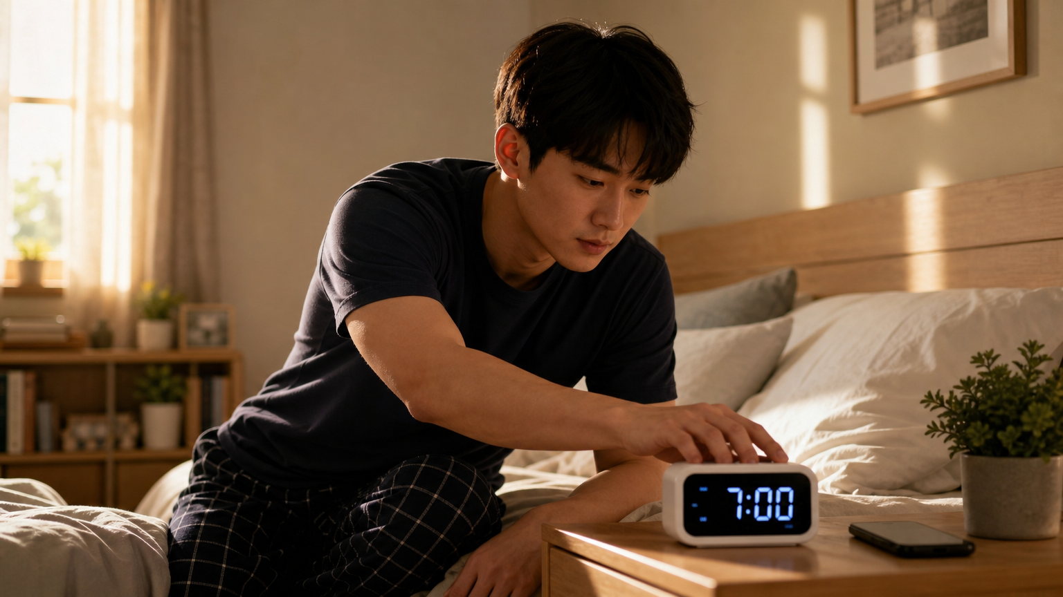 아늑한 침실에서 규칙적인 수면 시간을 위해 알람시계를 맞추는 남성의 모습