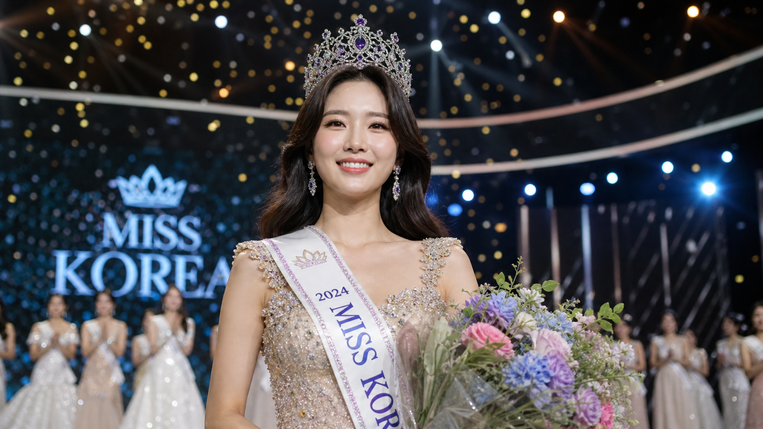 무대에서 왕관을 쓴 한국의 현대적인 미인대회 수상자